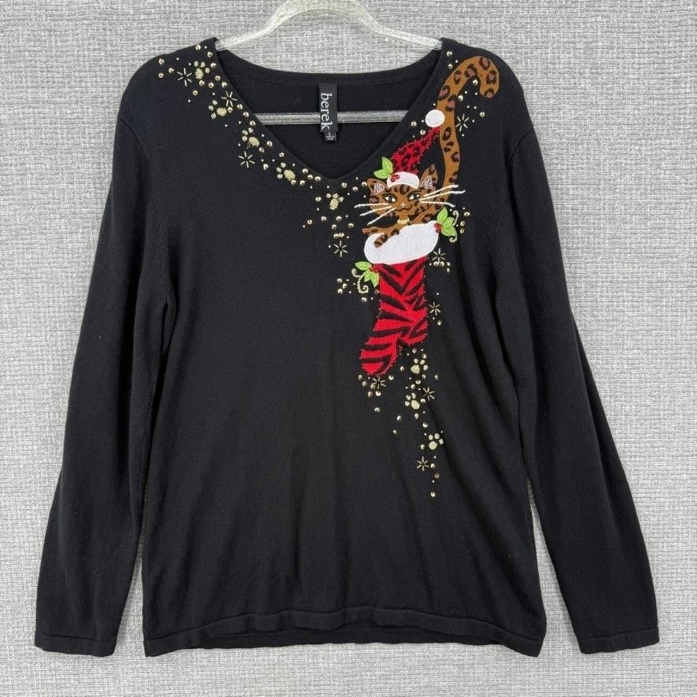 Berek Sweater Pullover‎ Womens L Black Embroidered Studded V-Neck Christmas